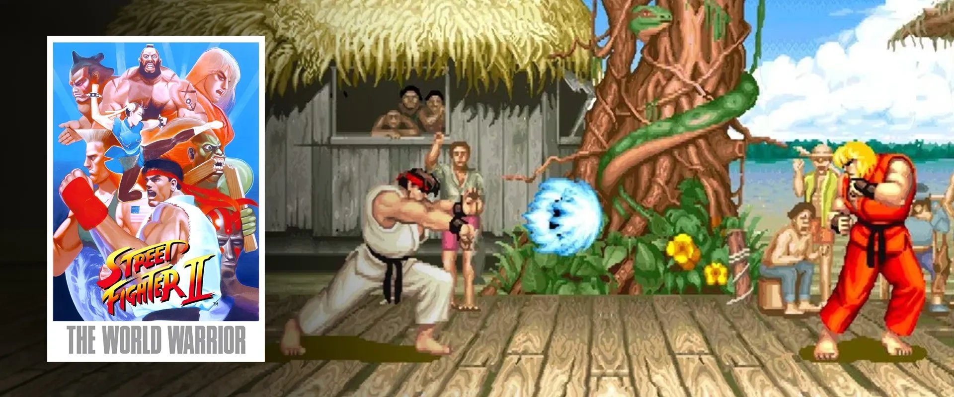 Capa de Street Fighter II à esquerda e imagem do jogo ao fundo