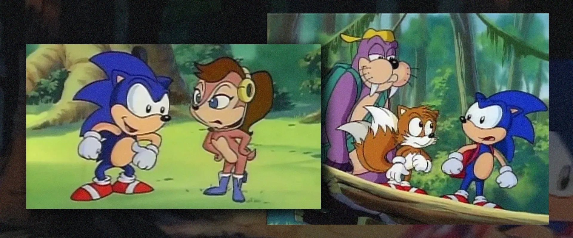 Capturas do desenho Sonic The Hedgehog com Sonic e Sally à esquerda, e Rotor, Tails e Sonic à direita