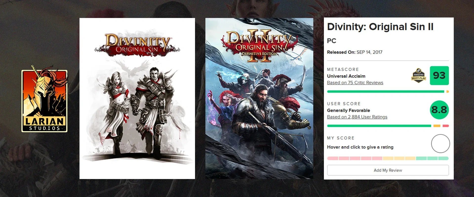 Logo de Larian Studio à esquerda, Capas de Divinity: Original Sin & Original Sin II ao centro e página do Metacritic à direita mostrando excelentes notas de reviews da crítica (93) e públic (8.8)