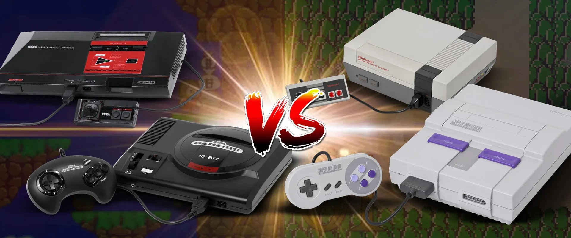 Imagem de Master System e Mega Drive ( Sega Genesis) à esquerda e à direita um NES e SNES