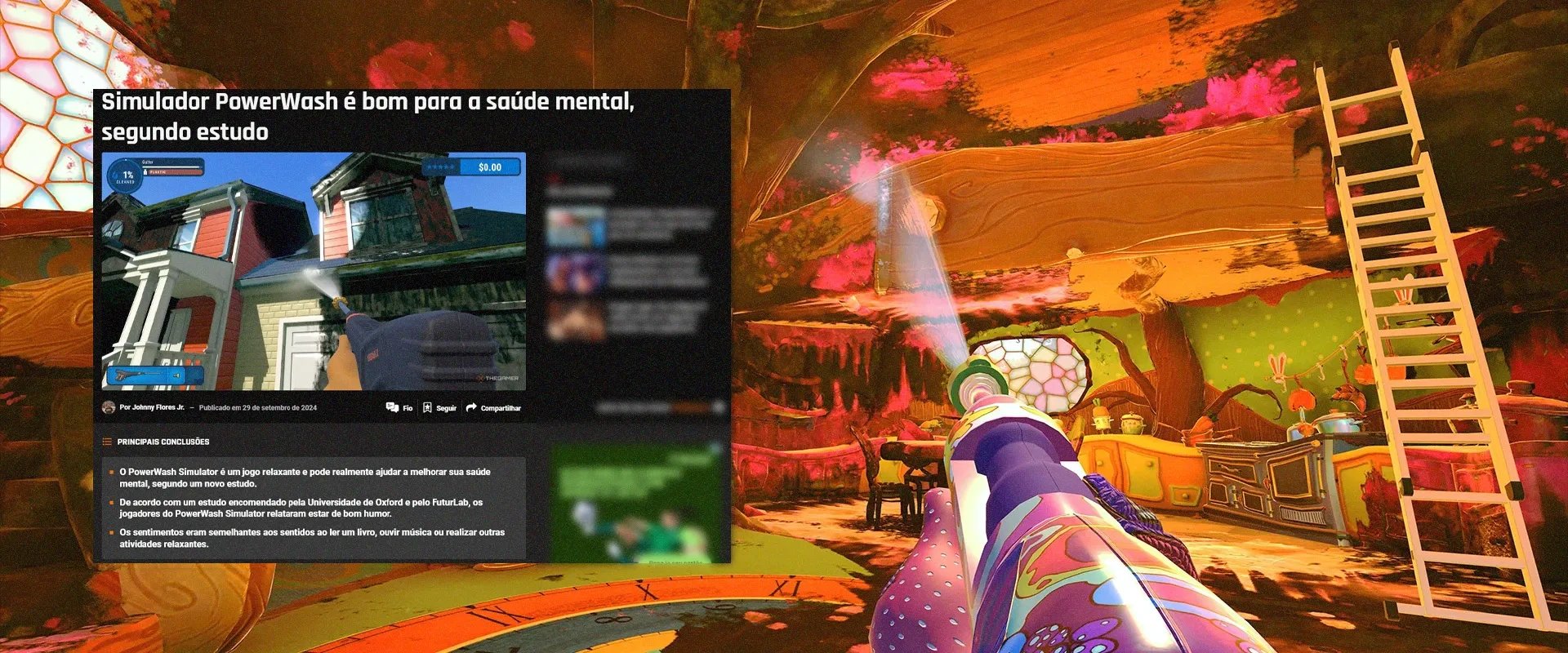 À esquerda uma reprodução da notícia da pesquisa e ao fundo imagem do jogo PowerWash simulator