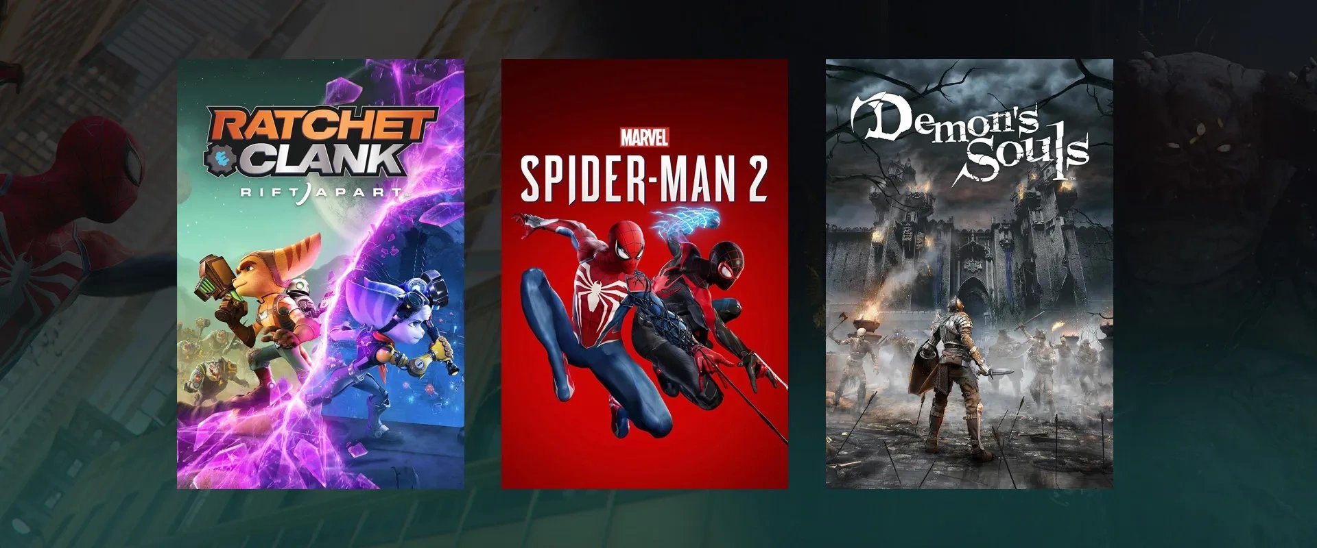 Capa dos jogos Ratchet & Clank Rift Apart à esquerda, Marvel's Spider-man 2 ao centro e Demon's Souls À direita