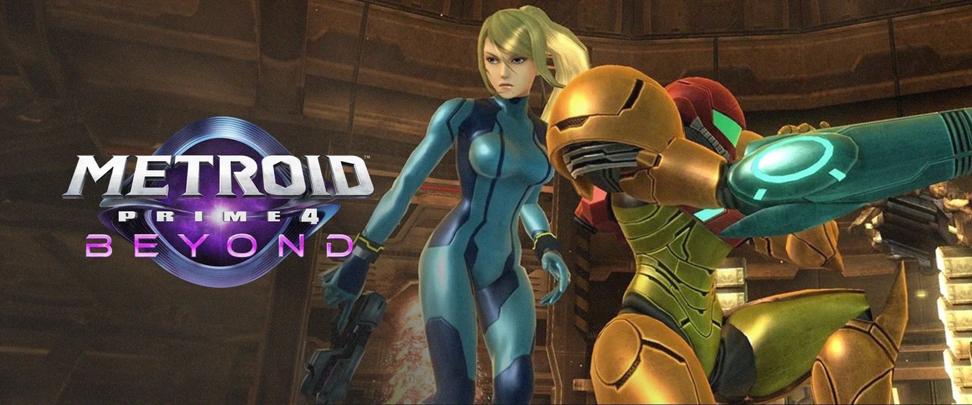 Logo de Metroid Prime 4 Beyond, Zero Suits Samus e Imagem de fundo do Metroid Prime Remastered