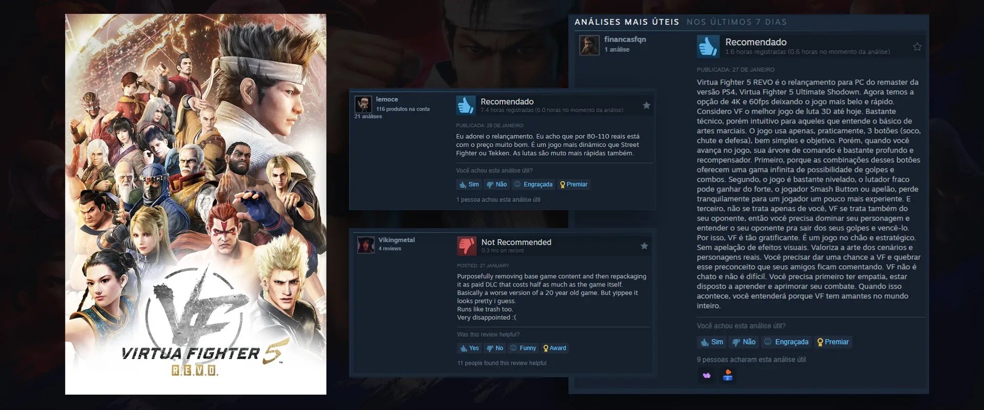 Capa de Virtua Fighter 5 R.E.V.O à esquerda, e opiniões positivas e negativas do jogo à direita