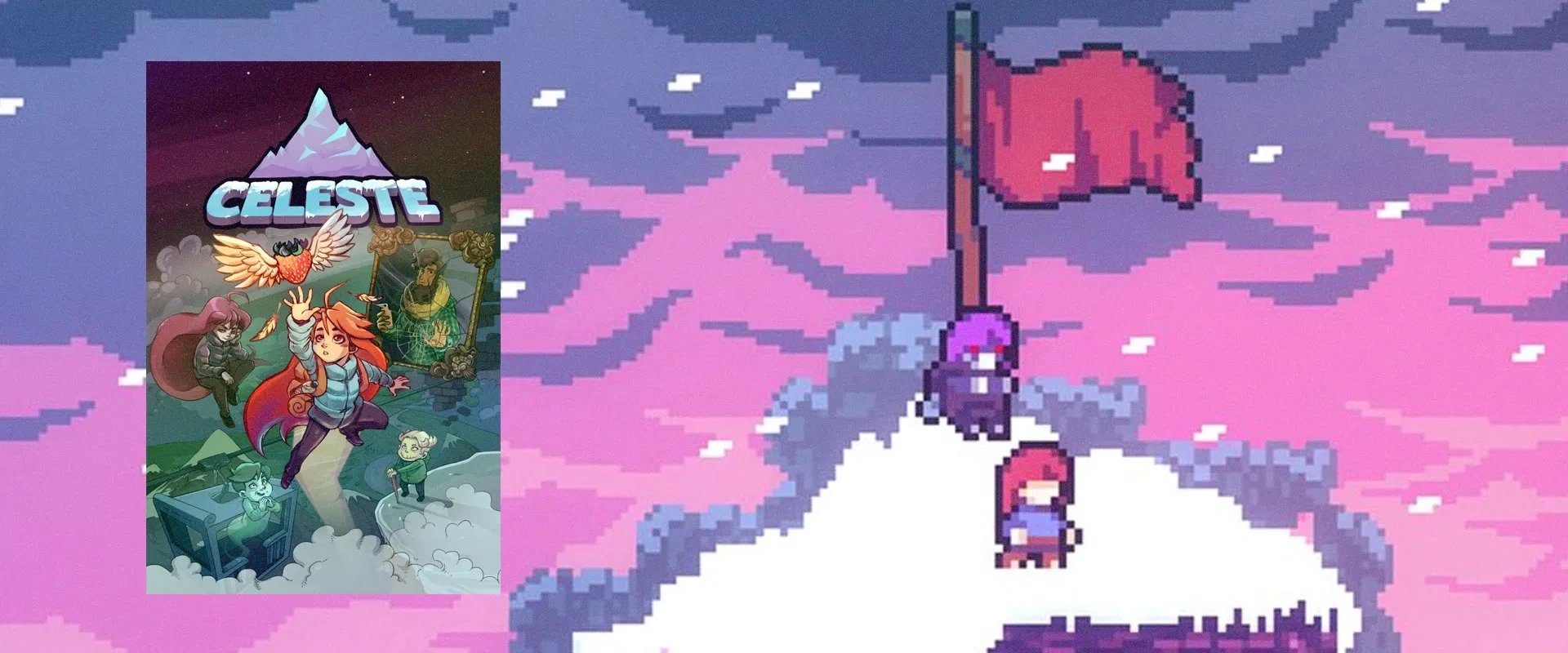 Capa do jogo Celeste à esquerda e imagem do jogo ao fundo