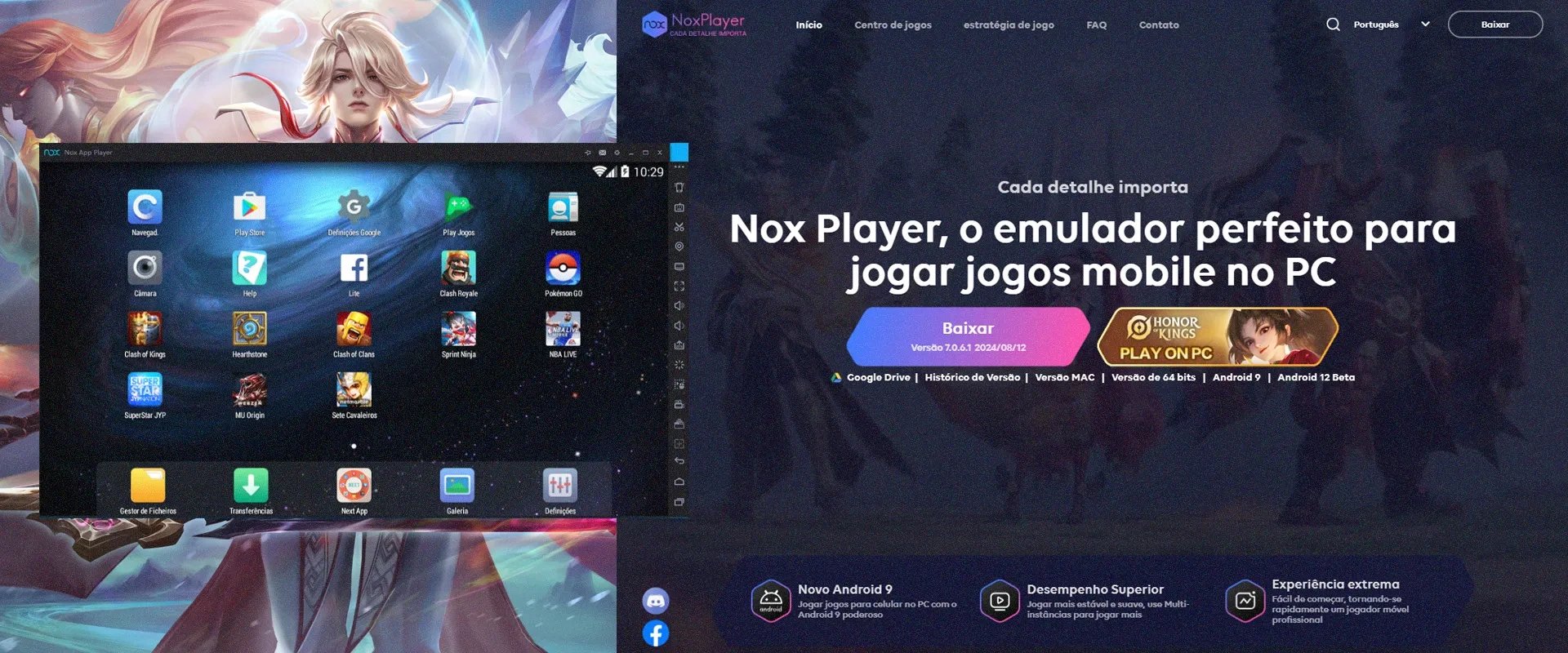 Imagem do emulador Nox Player aberto à esquerda, e  imagem do site oficial à direita