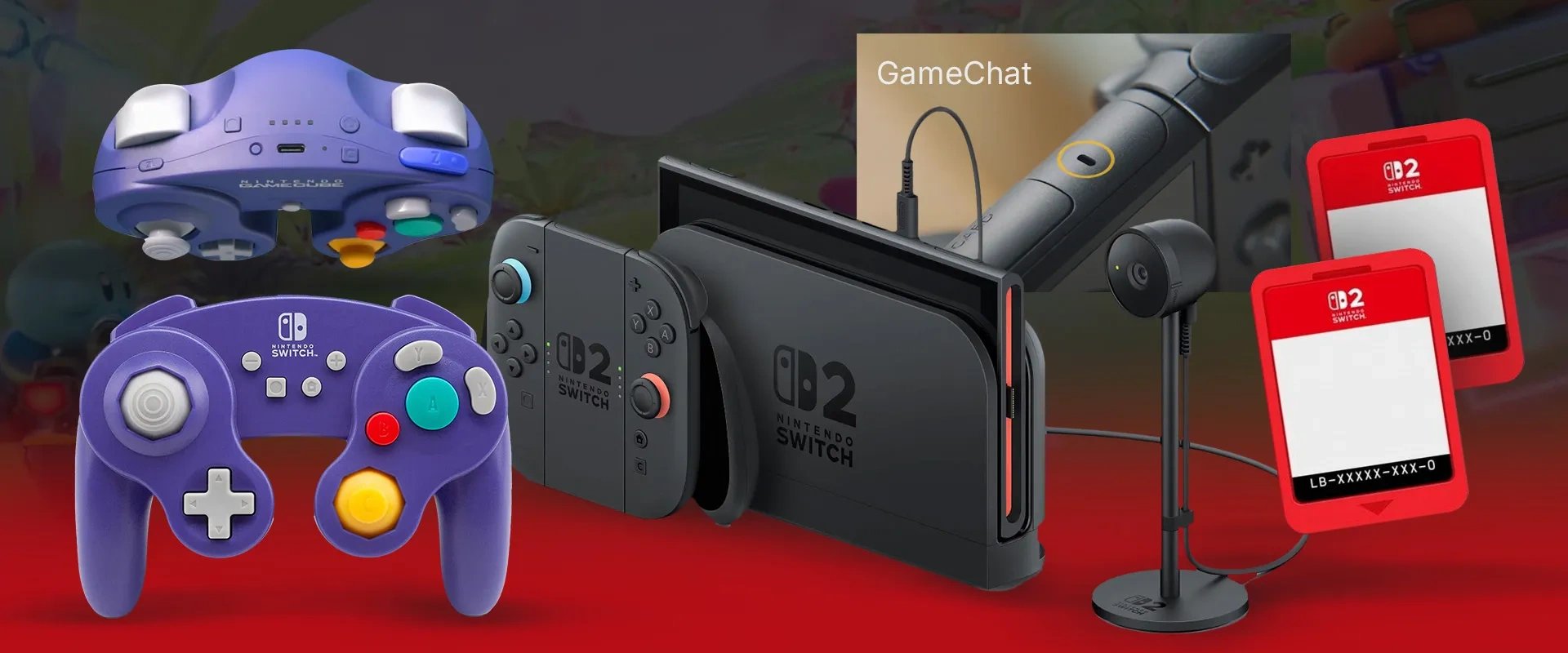 imagem do switch 2; mostra dos novos cartuchos vermelhos, o novo aplicativo de comunicação e também o botão de comunicação e o NSO com o Gamecube e