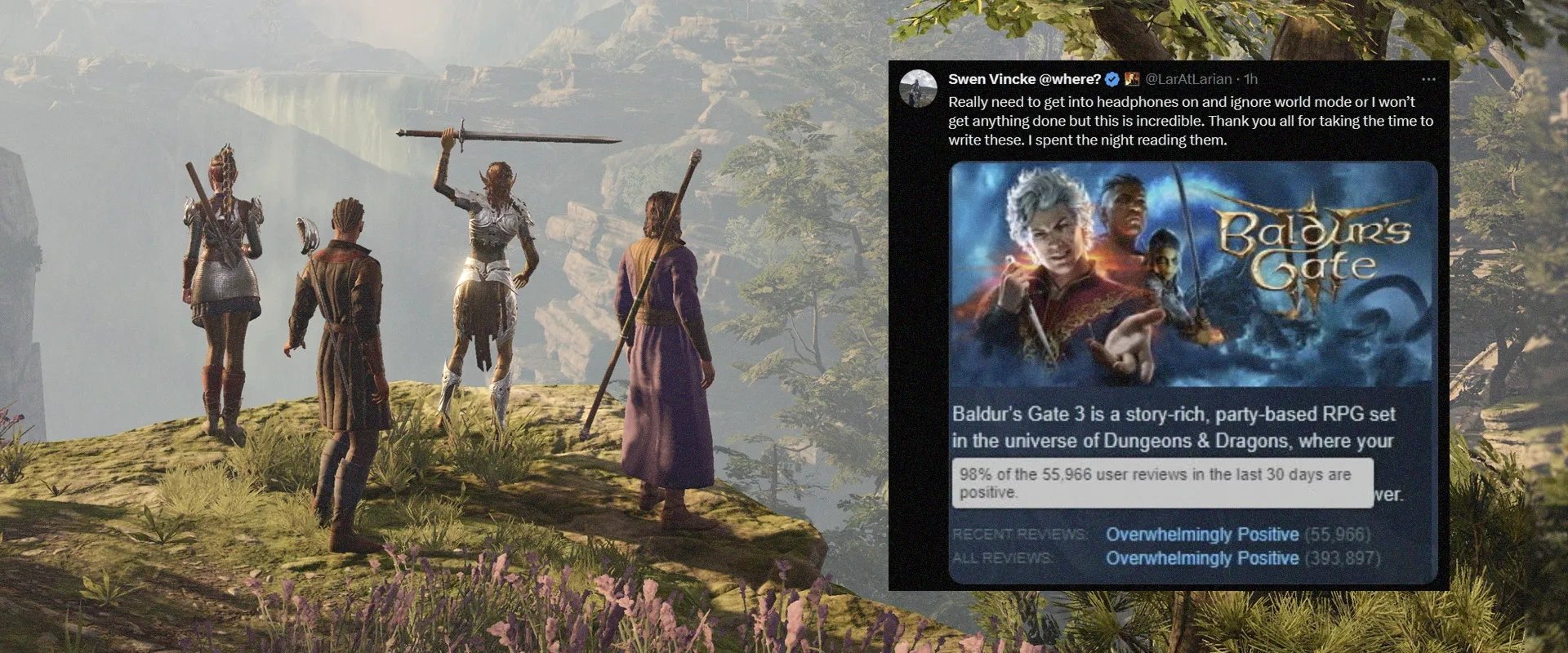 Imagem de um grupo de personagens em Baldur's Gate III ao fundo e à esquerda a página da Steam mostrando alta aprovação pelo público