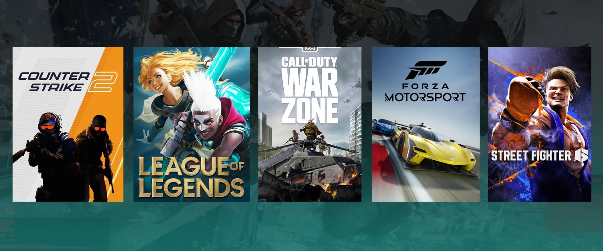 Imagem mostrando a capa dos jogos: Counter Strike 2, League of Legends, Call of Duty: Warzone, Forza Motorsport e Street Fighter 6