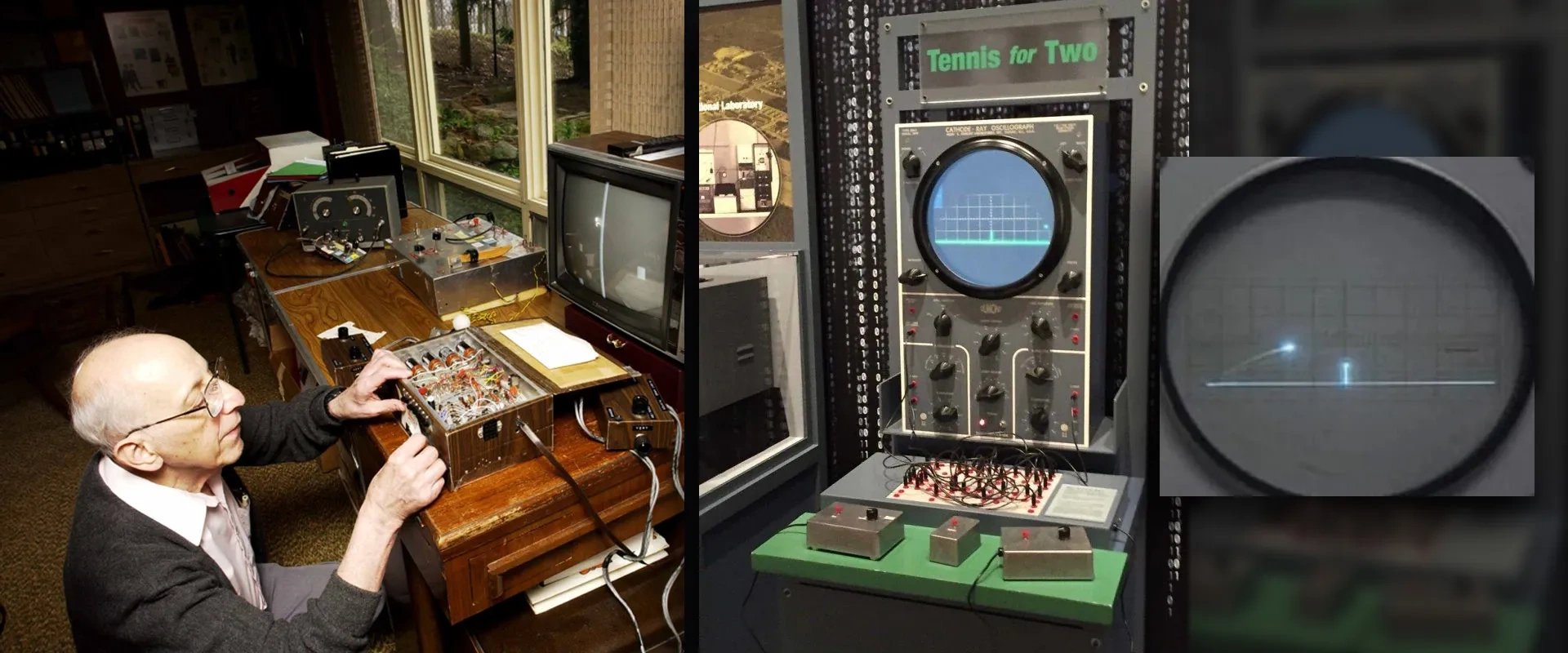 William Higinbotham trabalhando no brown box e imagem do osciloscópio com o Tennis for Two original era