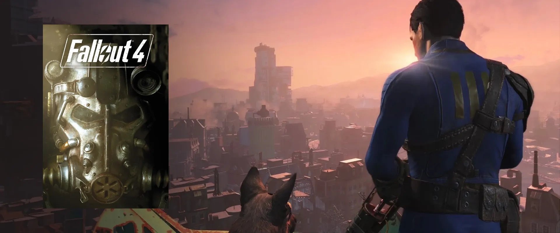 Imagem de Fallout 4 ao fundo, capa do jogo à esquerda