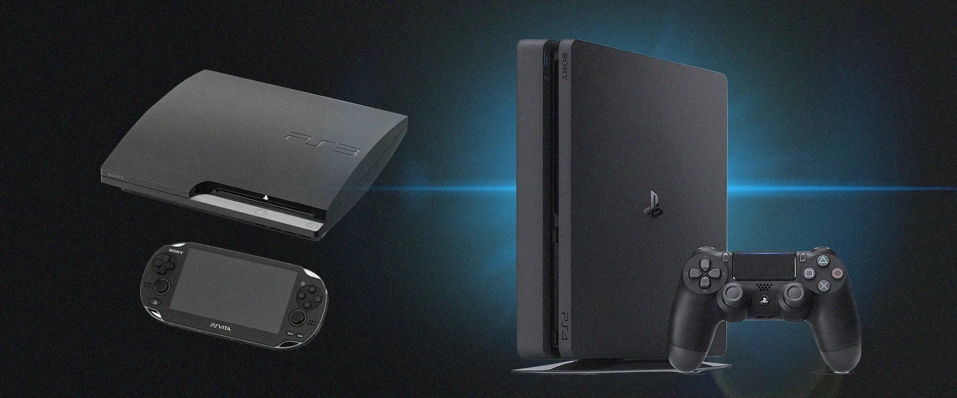 Playstation 3 e PS Vita à esquerda, Playstation 4 à direita
