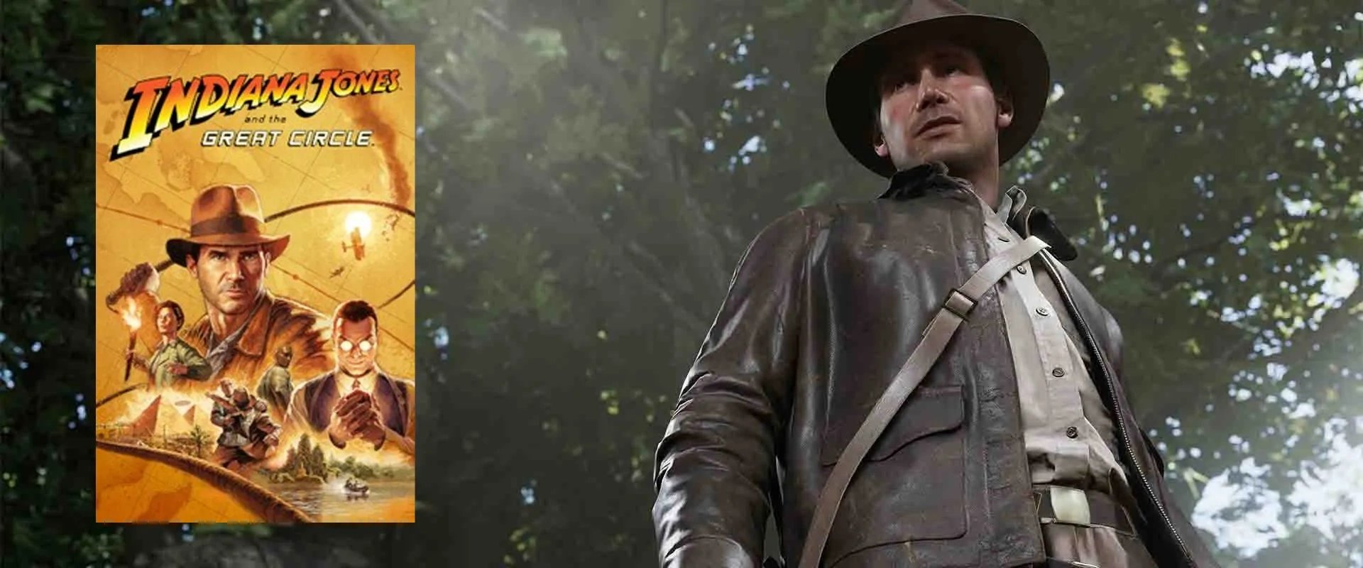 Capa de  Indiana Jones and the Great Circle à esquerda e imagem do jogo ao fundo