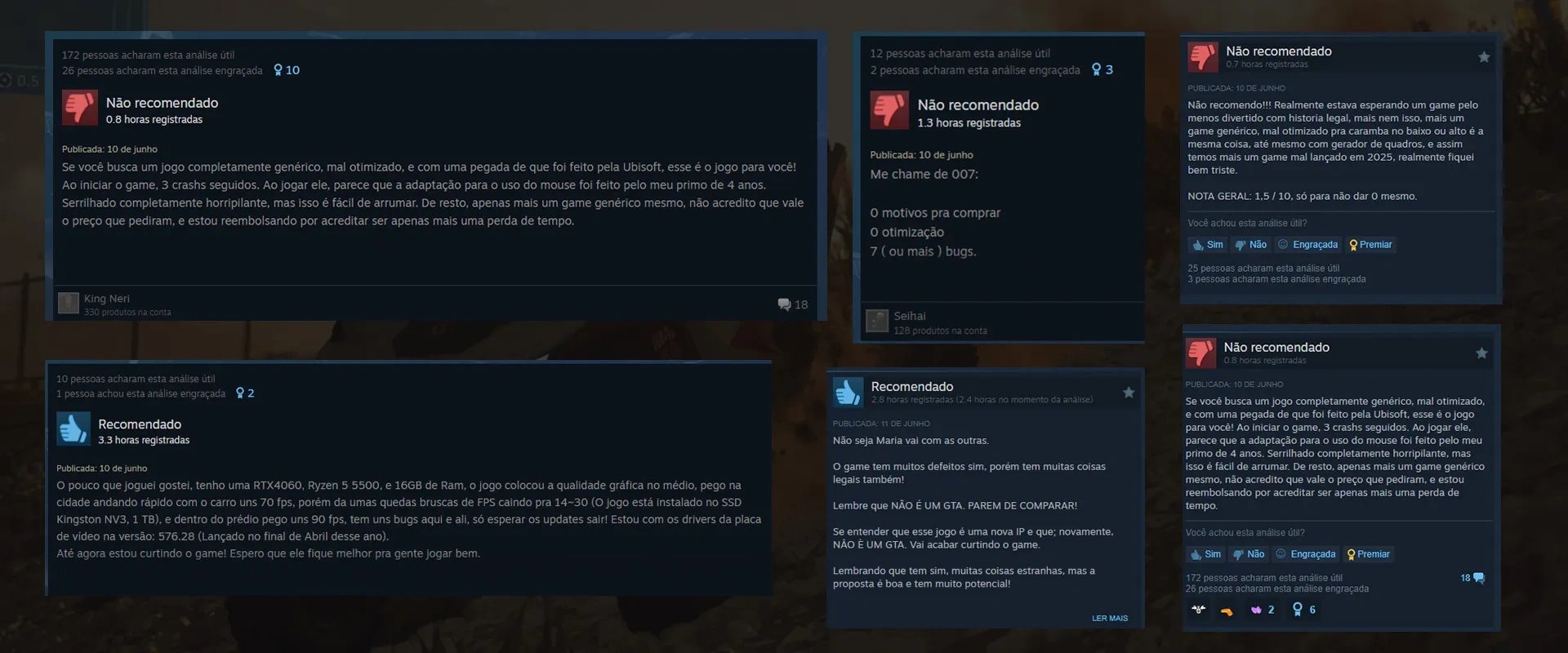 Imagem mostrando algumas análises positivas e negativas sobre o jogo, em especial as negativas que são maioria na plataforma Steam