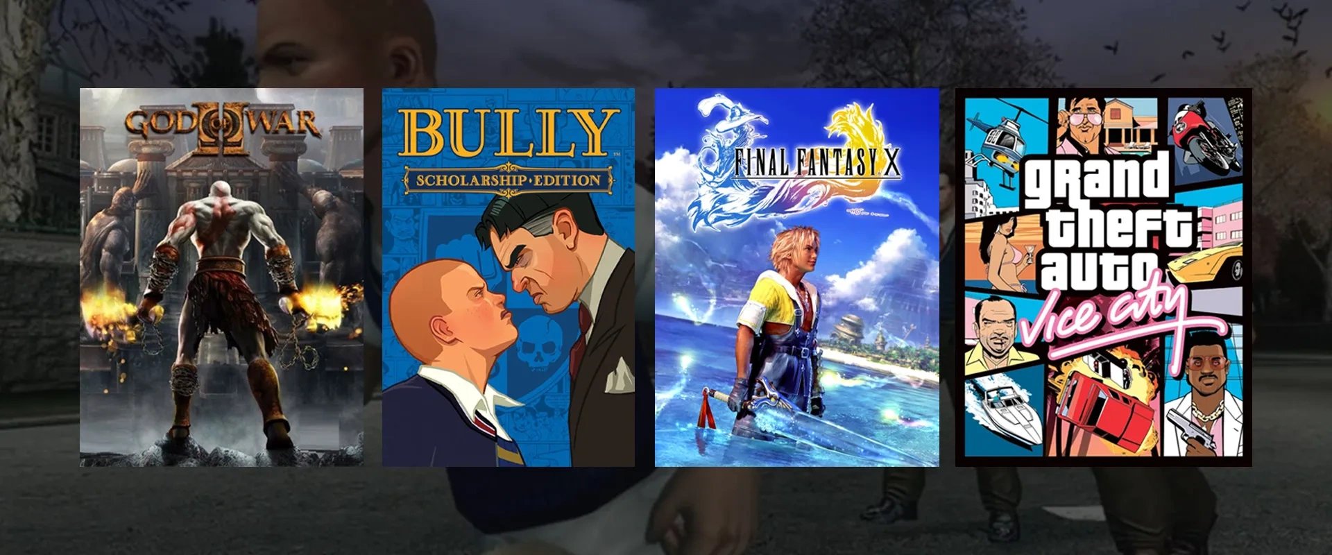 Capas dos jogos God of War, Bully, Final Fantasy X e Grand Theft Auto Vice City