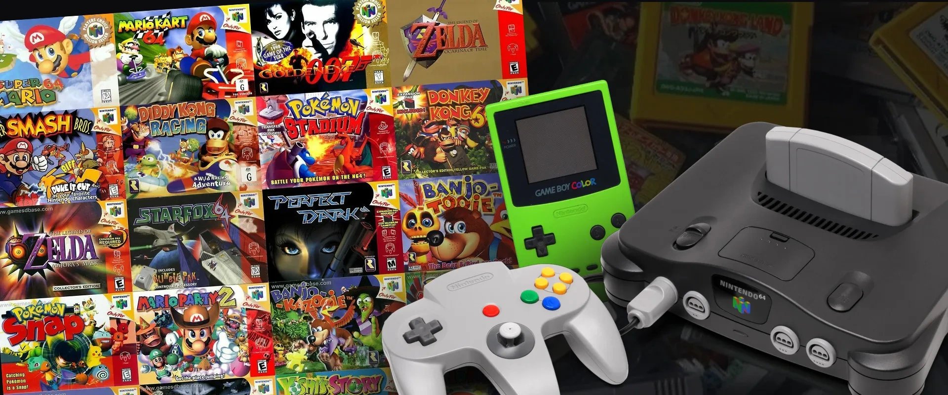 Imagem de diversos jogos de Nintendo 64 à esquerda e imagem do GBA e Nintendo 64 à direita