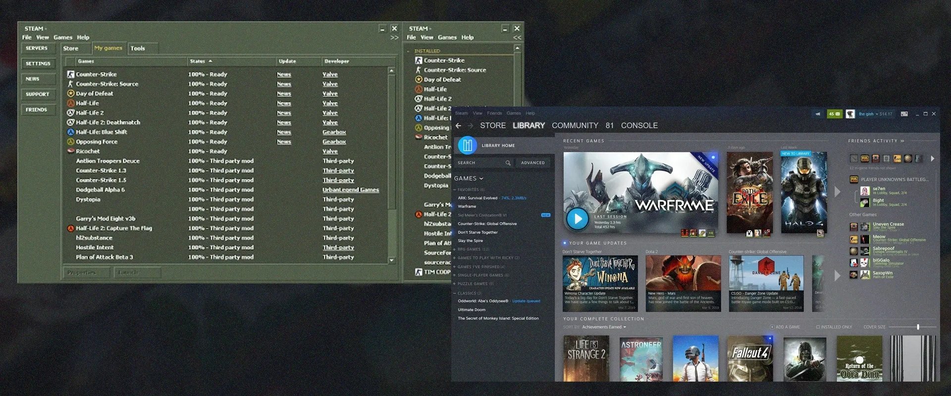 Imagem da Steam antiga à esquerda, imagem da última versão da Steam à direita