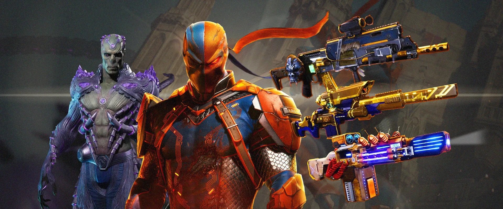 Imagem mostrando a últma versão de Braniac à esquerda, Slade Wilson (Exterminador) ao centro, e as novas armas disponíveis à direita