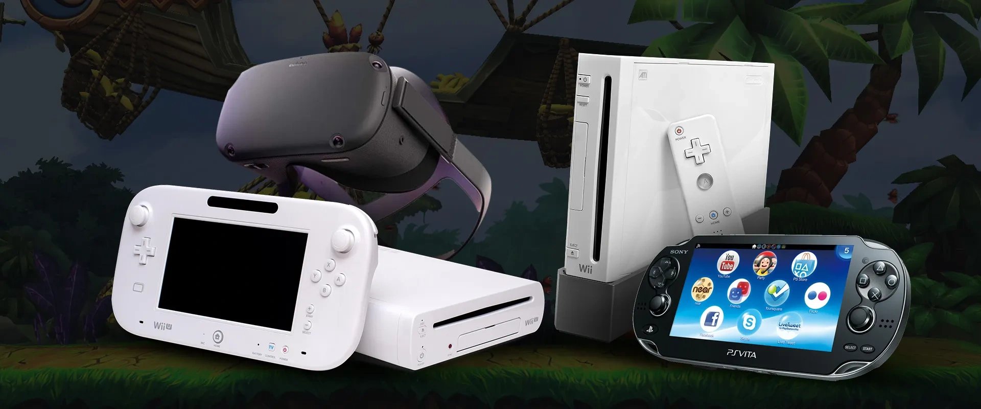 Imagem de um visor de Realidade Virtual, um Nintendo Wii, Nintendo Wii U com seu controle com tela, e um PS Vita