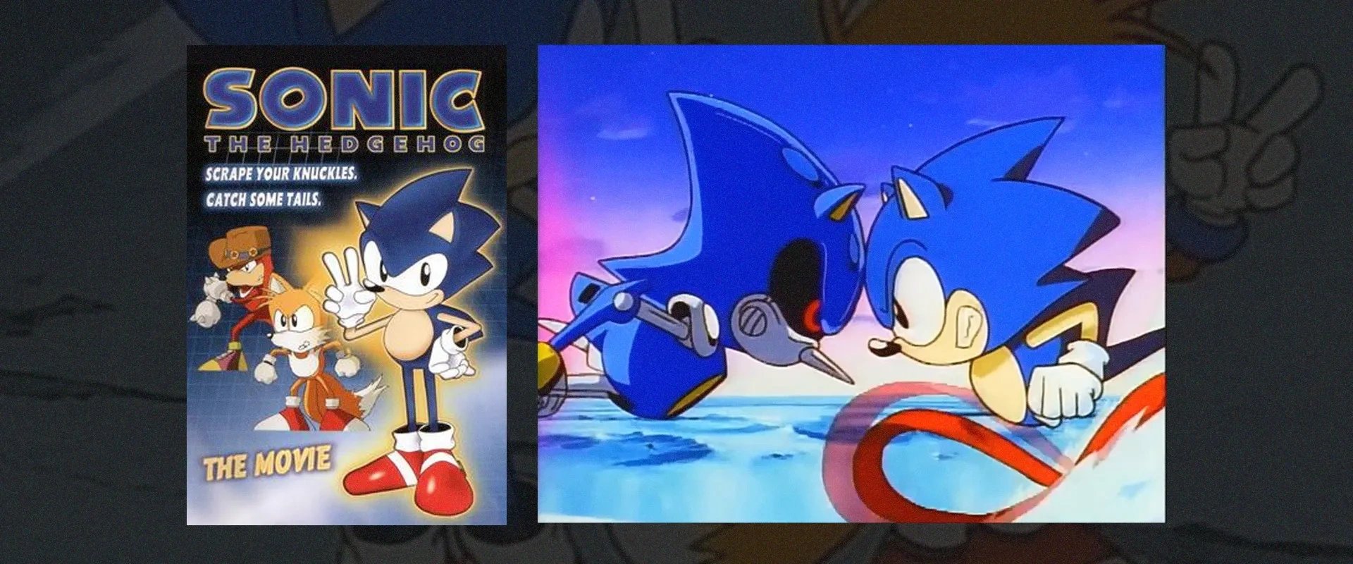 Capa da animação Sonic the Hedgehog, e captura da animação do Sonic e Metal Sonic se enfrentando