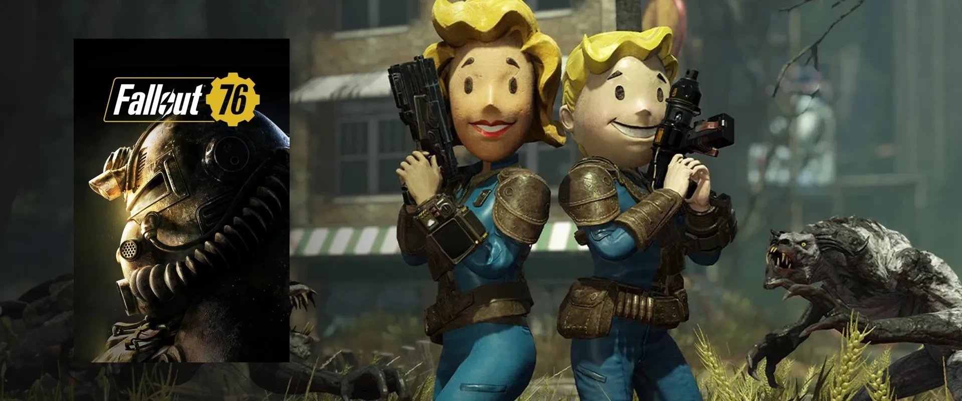 Capa de Fallout 76 à esquerda e imagem do jogo ao fundo