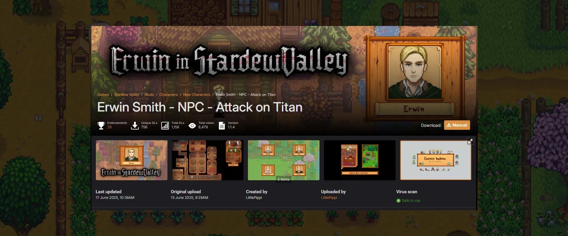Imagem de um mod no qual adiciona Erwin de Attack on Titan no jogo Stardew Valley