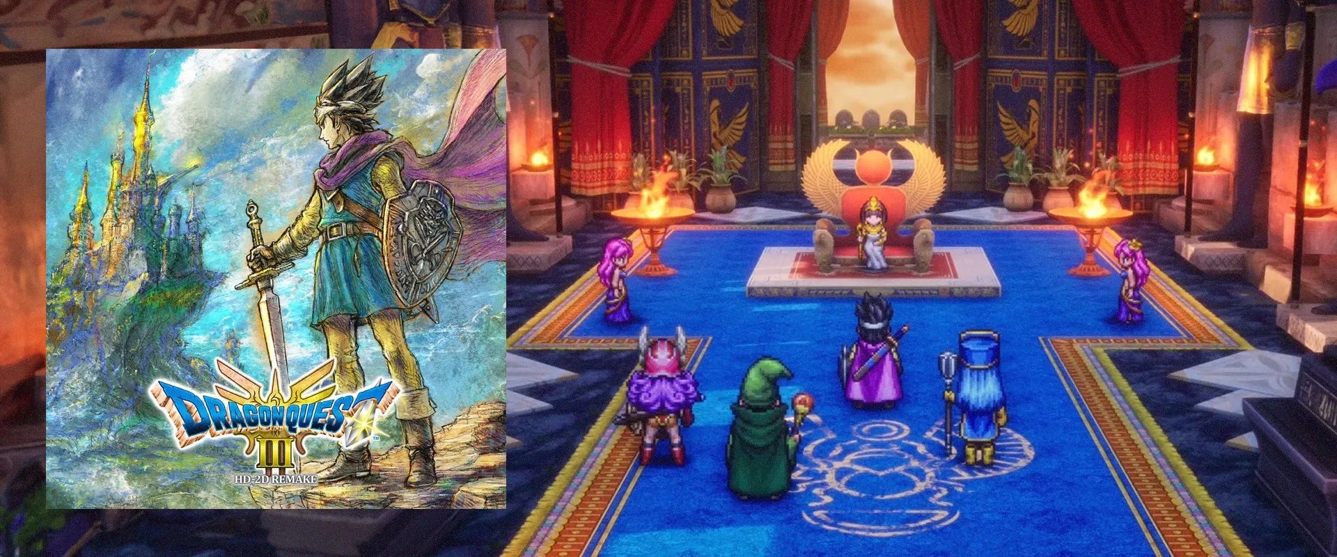 Capa do jogo Remake de Dragon Quest 3 à esquerda, e imagem do jogo ao fundo