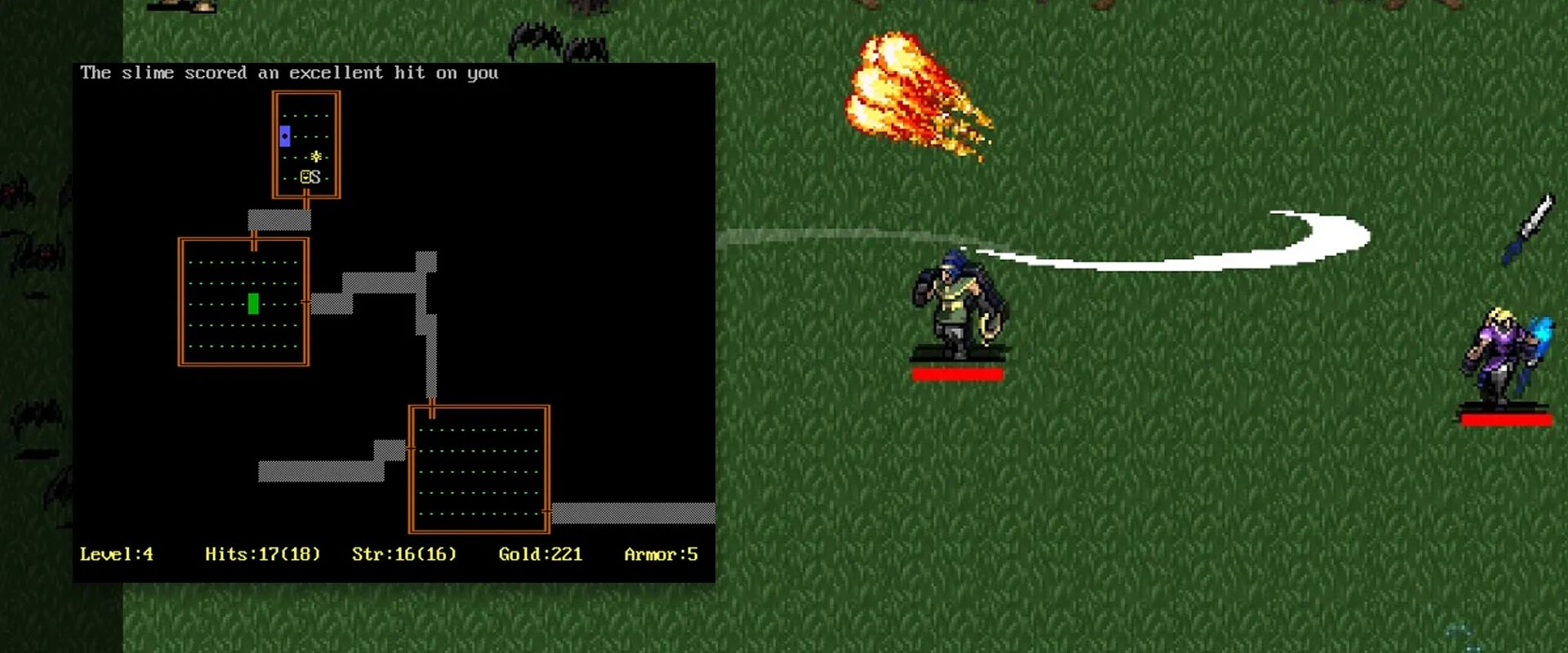 Imagem do jogo original Rogue e do Vampire Survivors ao fundo