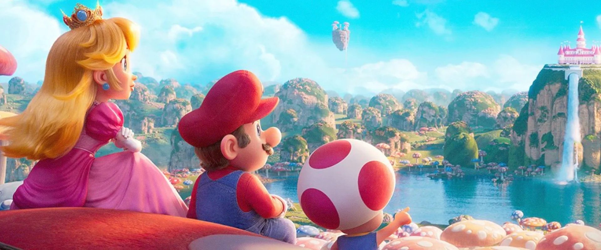 Imagem de trecho do filme Super Mario Bros. O Filme, mostrando Peach Mario e Toad vendo o céu