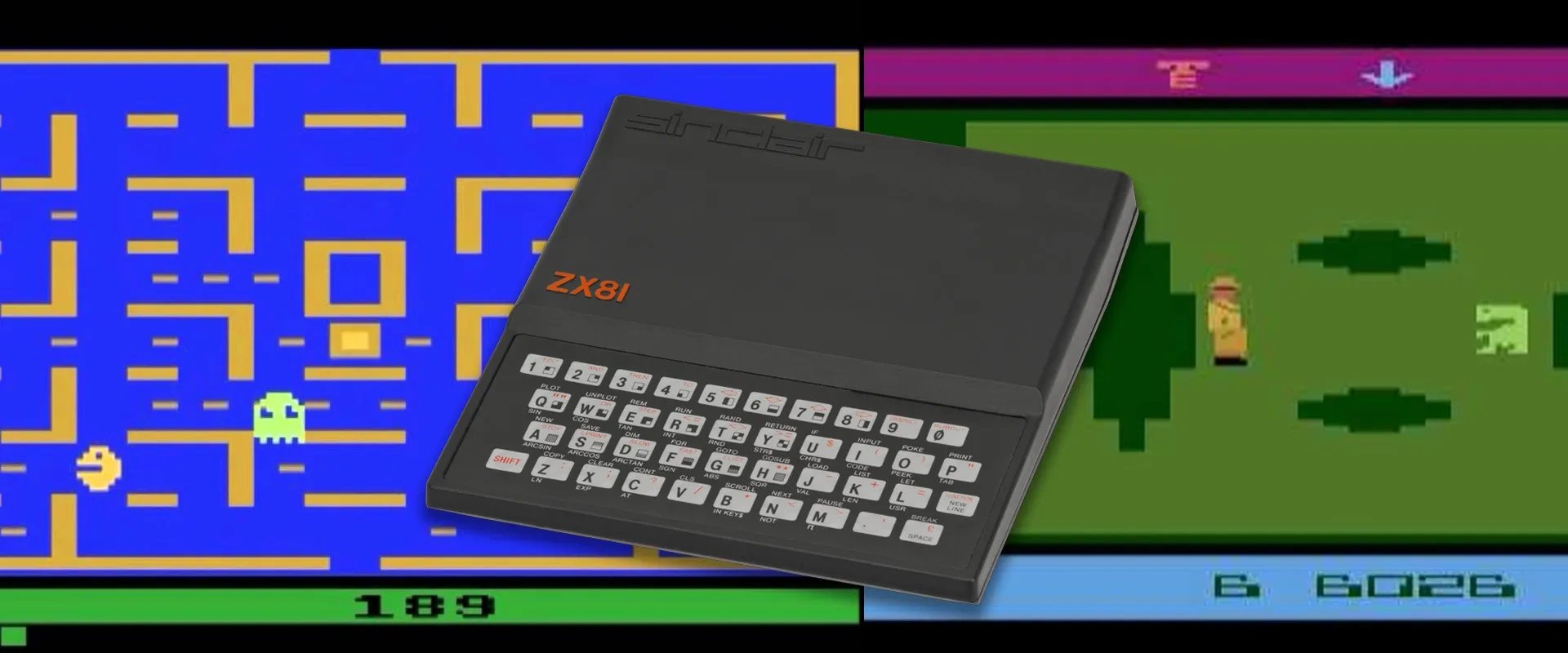 Imagem de um microcomputador Sinclair ZX81, com imagem de dois jogos ao fundo