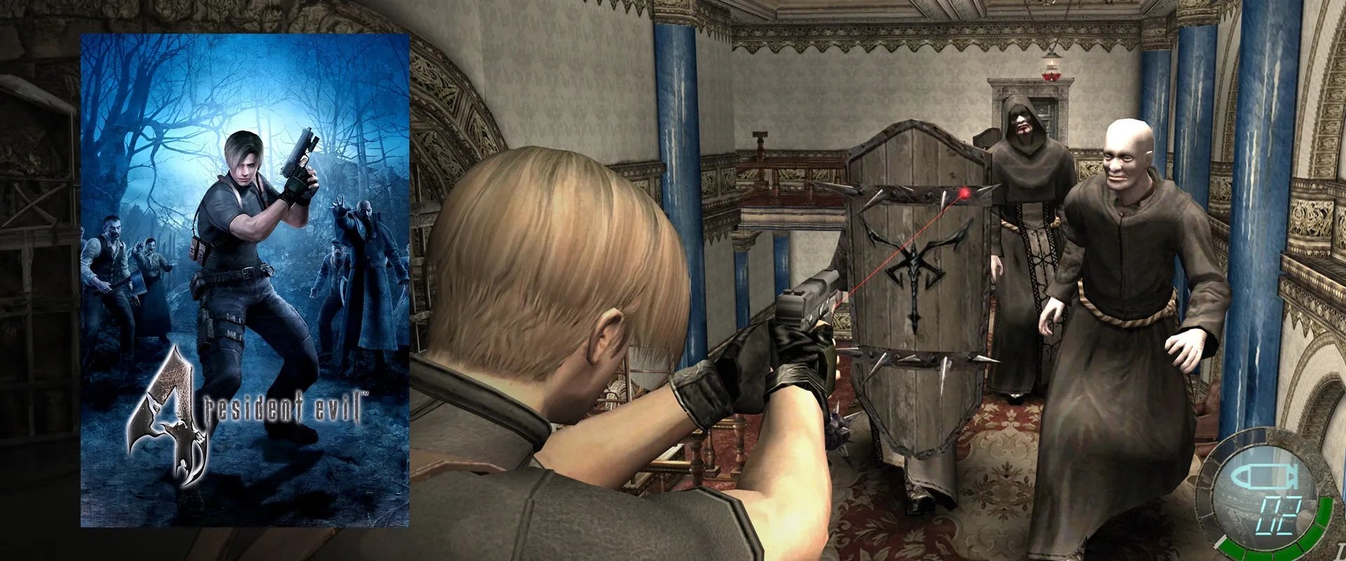 Imagem da Capa de Resident Evil 4 à esquerda e imagem do jogo á direita