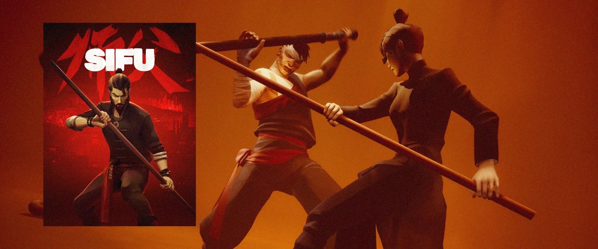Capa de Sifu à esquerda com arte do jogo ao fundo