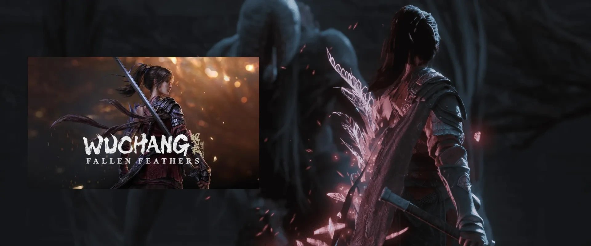 Capa de WUCHANG: Falling Feathers à esquerda e imagem do trailer ao fundo