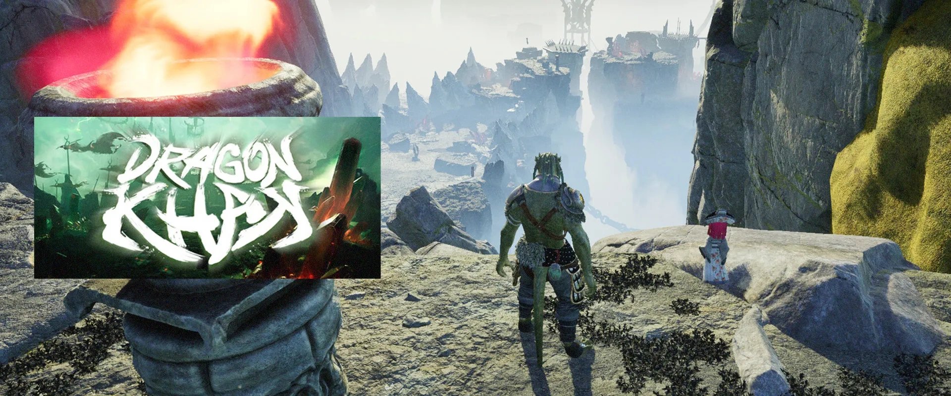 Capa de Dragon Khan à esquerda, imagem do jogo ao fundo