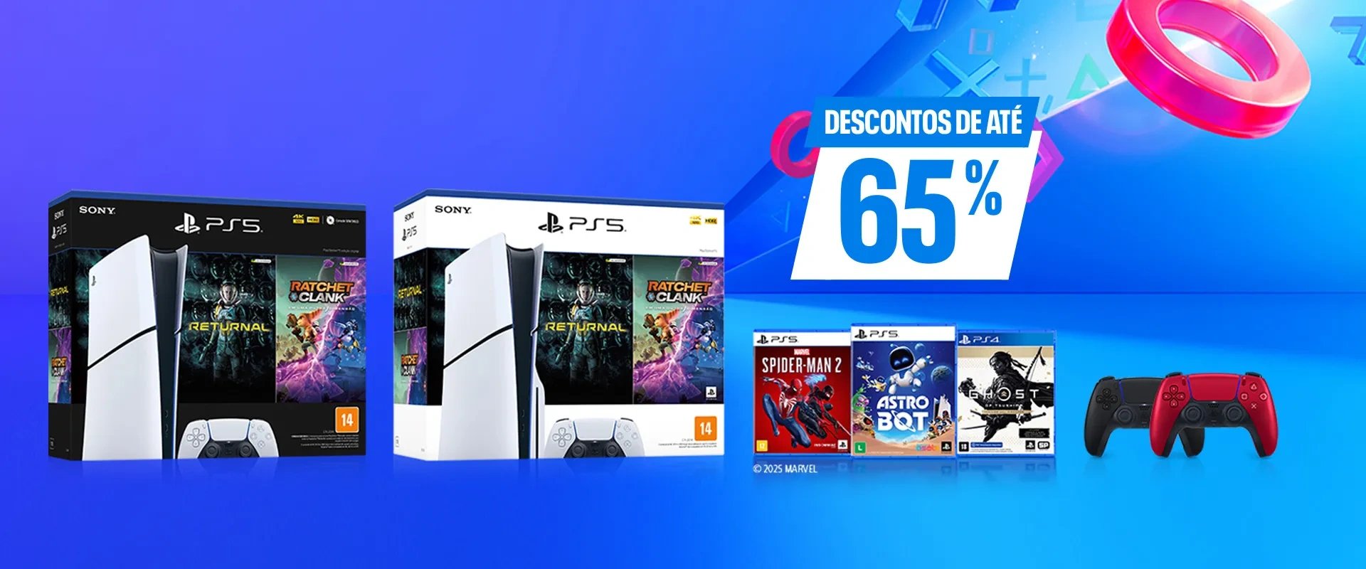 Imagem de pacotes com jogos e o console PlayStation 5, imagem dos jogos físicos Spider man 2, Astro Bot e Ghost of Tsushima, e controles dual sense para PlayStation 5 preto e vermelho