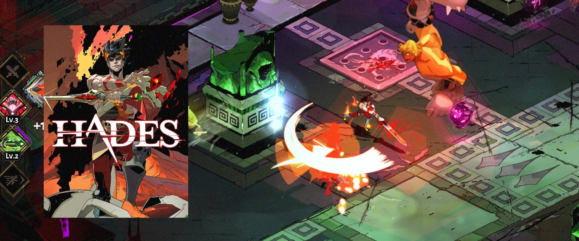 Capa de Hades à esquerda e imagem do jogo ao fundo