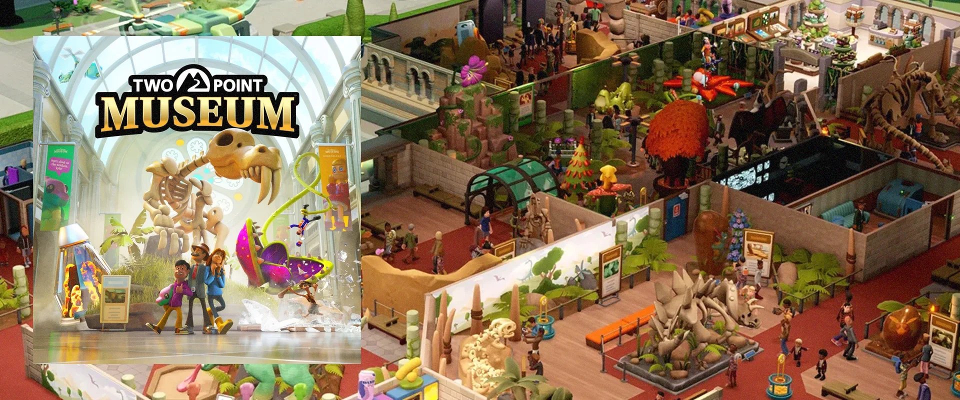 Imagem da capa de Two Point Museum à esquerda, e imagens do jogo ao fundo
