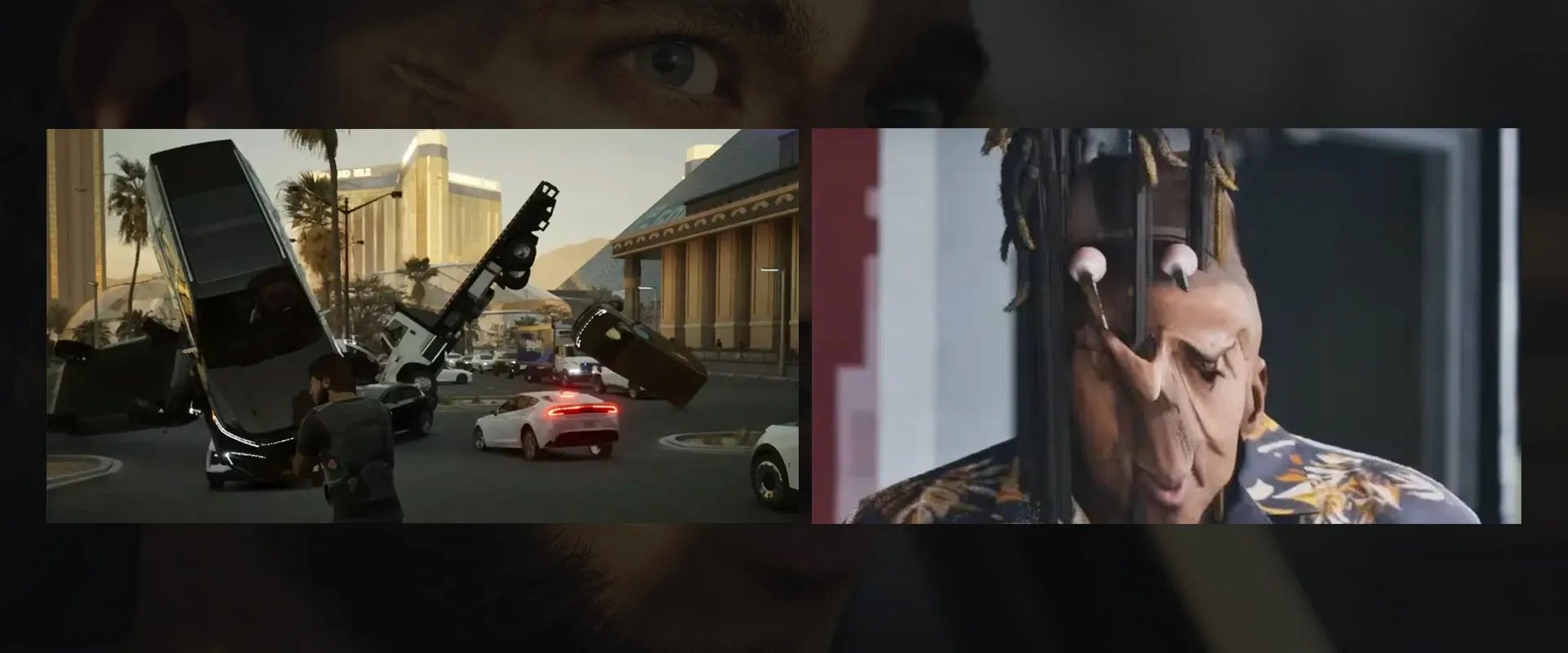 Imagem mostrando uma batida de carros desproporcional e surreal à esquerda, e uma imagem de um rosto humano deformado devido a um problema na renderização do personagem à direita, no jogo MindsEye
