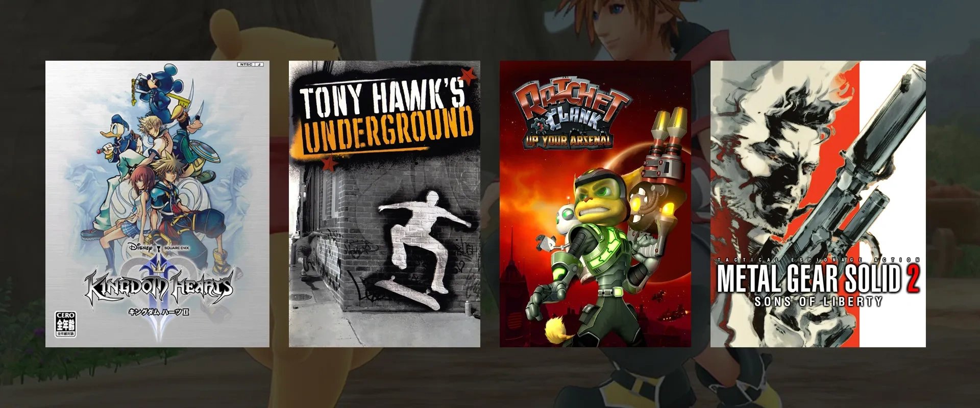 Capa dos jogos Kingdom Hearts II Tony Hawk's Underground, Ratched & Clank : Up Your Asernal e Metal Gear Solid 2 : Sons of Liberty