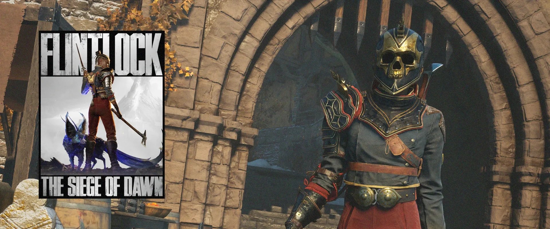 Capa de Flintlock: The Siege of Dawn à esquerda e imagem do jogo ao fundo