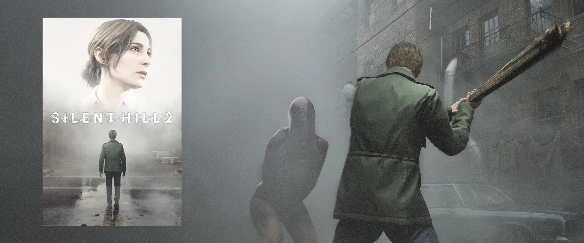 Imagem da capa de Silent Hill 2 à esquerda com imagem do jogo ao fundo