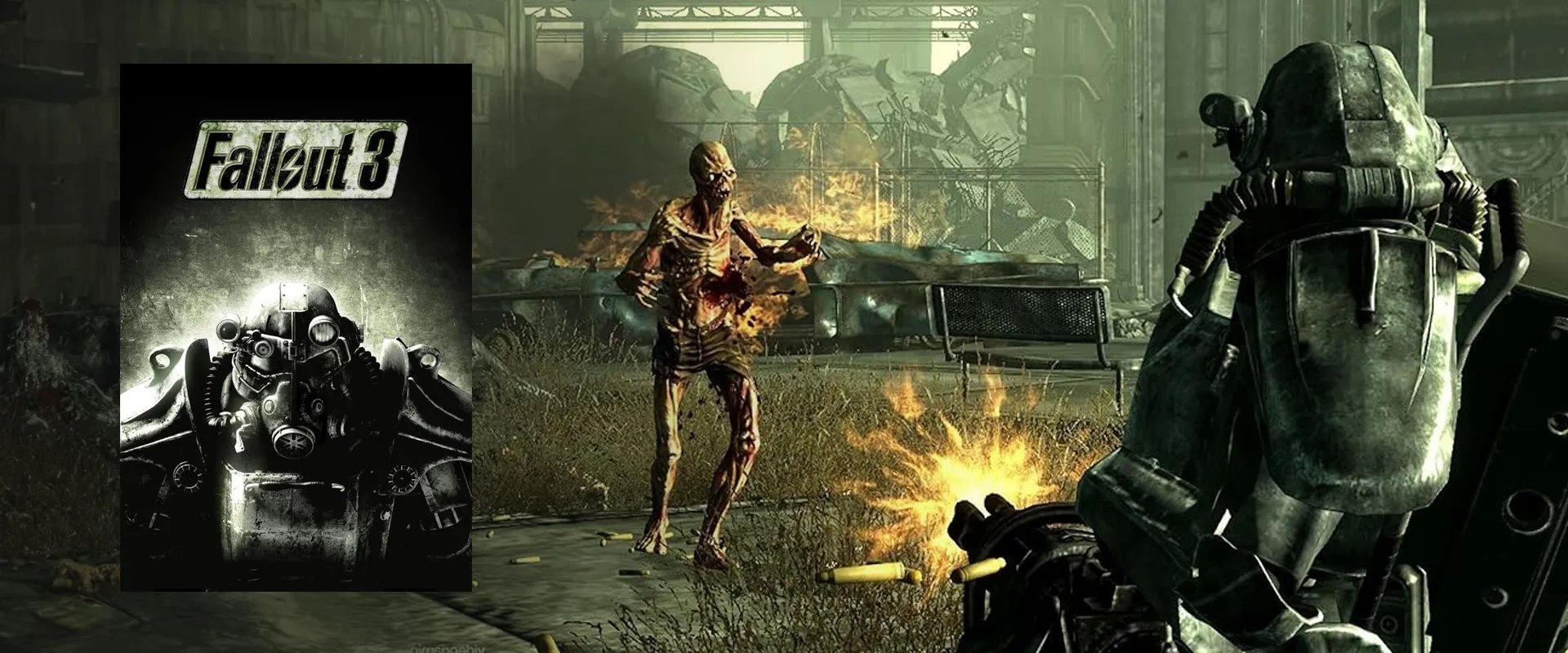 Capa do jogo à esquerda e imagem do Fallout 3 ao fundo