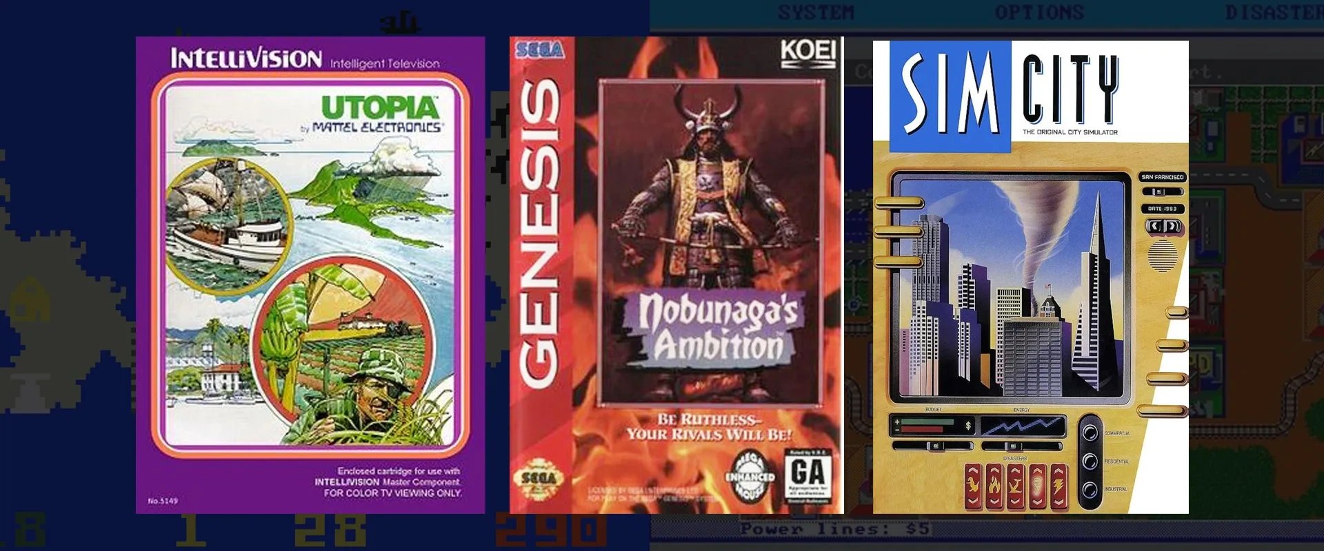 Imagem da capa dos jogos Utopia à esquerda, Nobunaga's Ambition ao centro e Sim City à direita