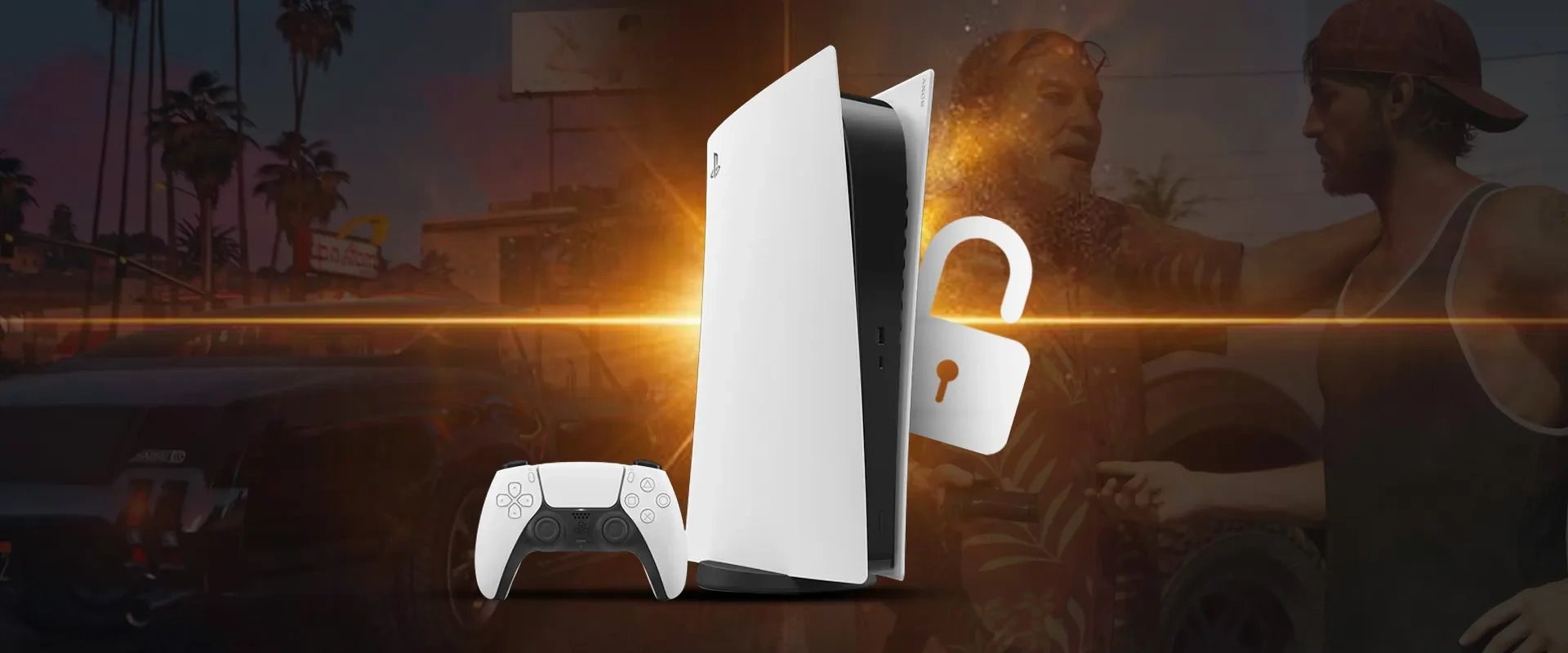 Foto do PlaySTation 5 com uma luz ao centro, e um cadeado aberto à direita, com imagens do gta vi ao fundo