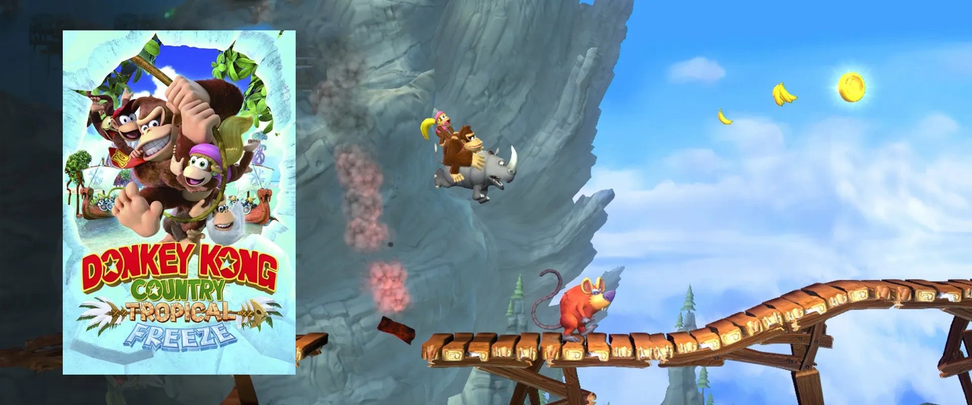 Capa de Donkey Kong Country: Tropical Freeze à esquerda e imagem do jogo ao fundo