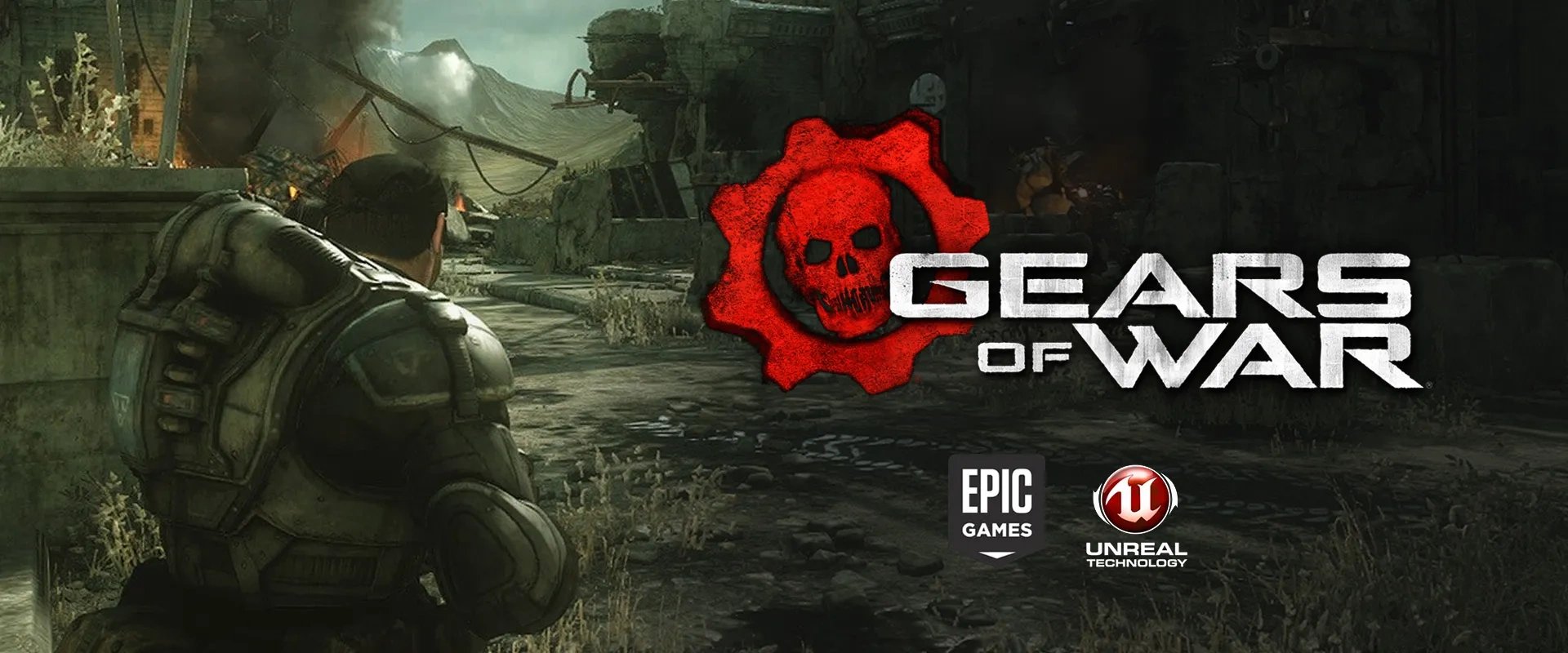 Imagem Mostrando um personagem de Gears of War à esquerda e o logo de Gears of War, Epic Games e Unreal Engine à direita