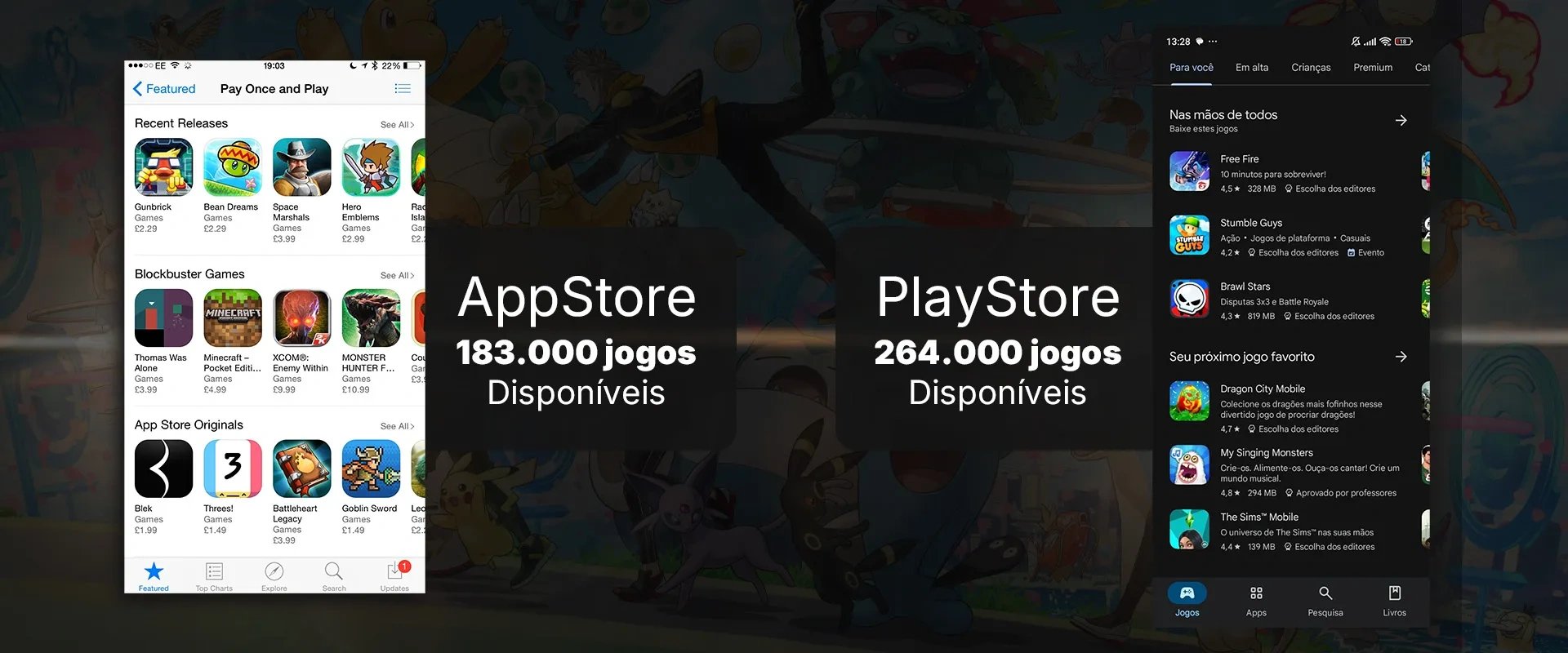Imagem mostrando a loja de jogos na AppStore e PlayStore