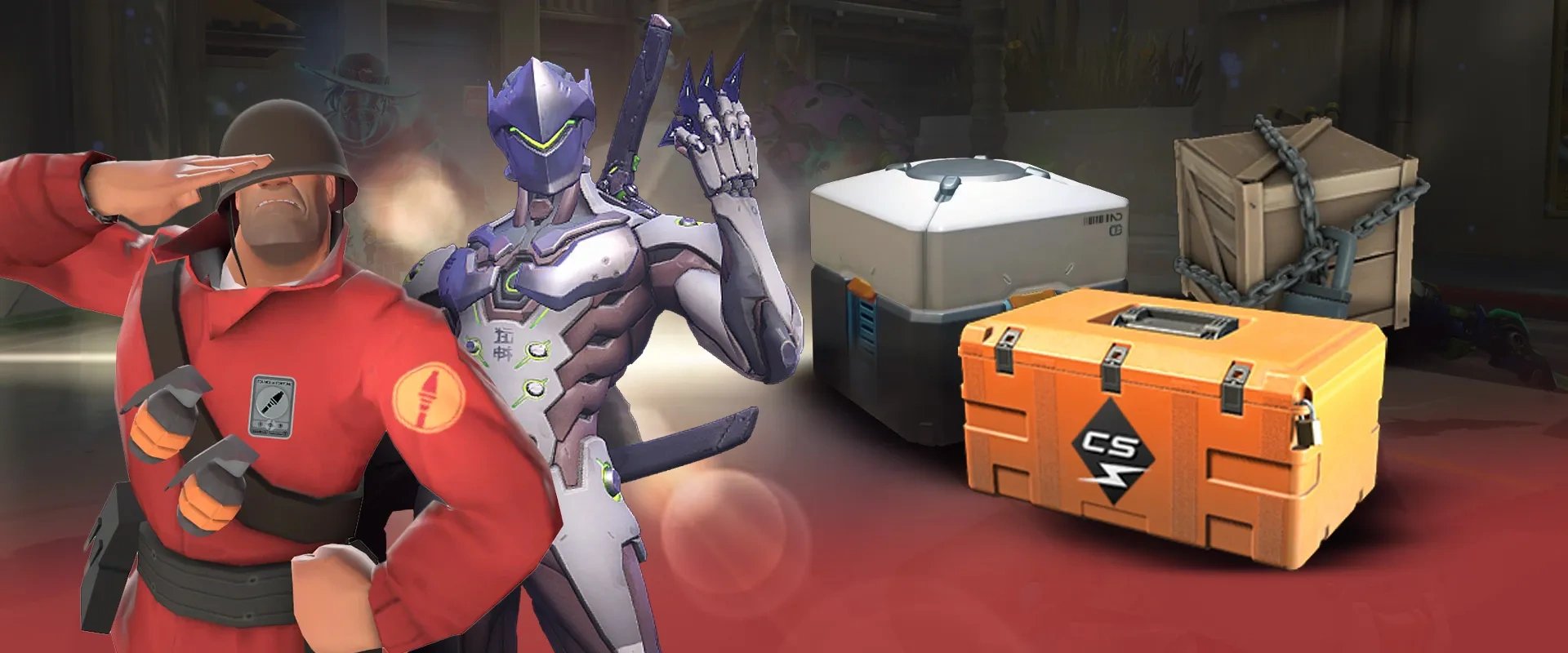 Imagem mostrando personagens de Team Fortress 2 e Overwatch e caixas de lootbox à direita