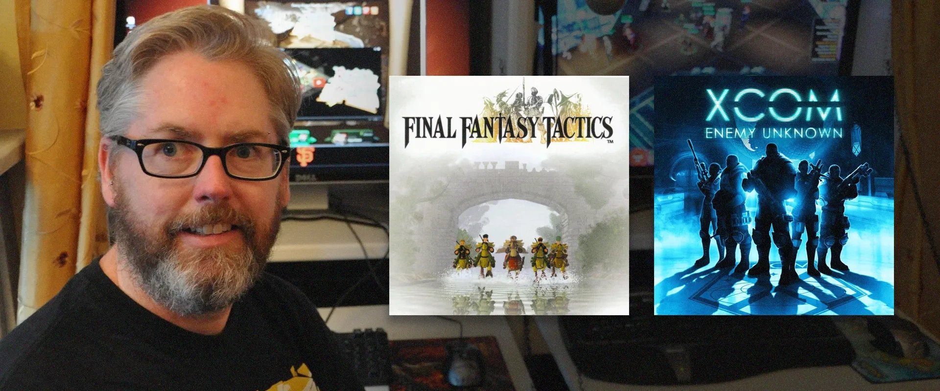 Foto de David Brevik à esquerda;a  capa de Final Fantasy Tactics ao centro; capa de X-Com Enemy Unkown à direita 