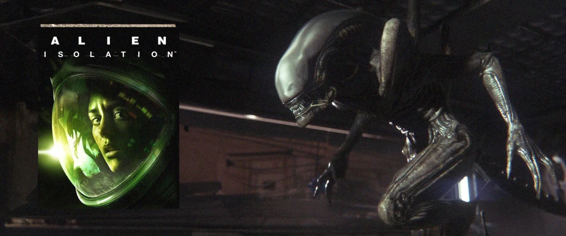 Capa de Alien: Isolation à esquerda e imagem do jogo ao fundo